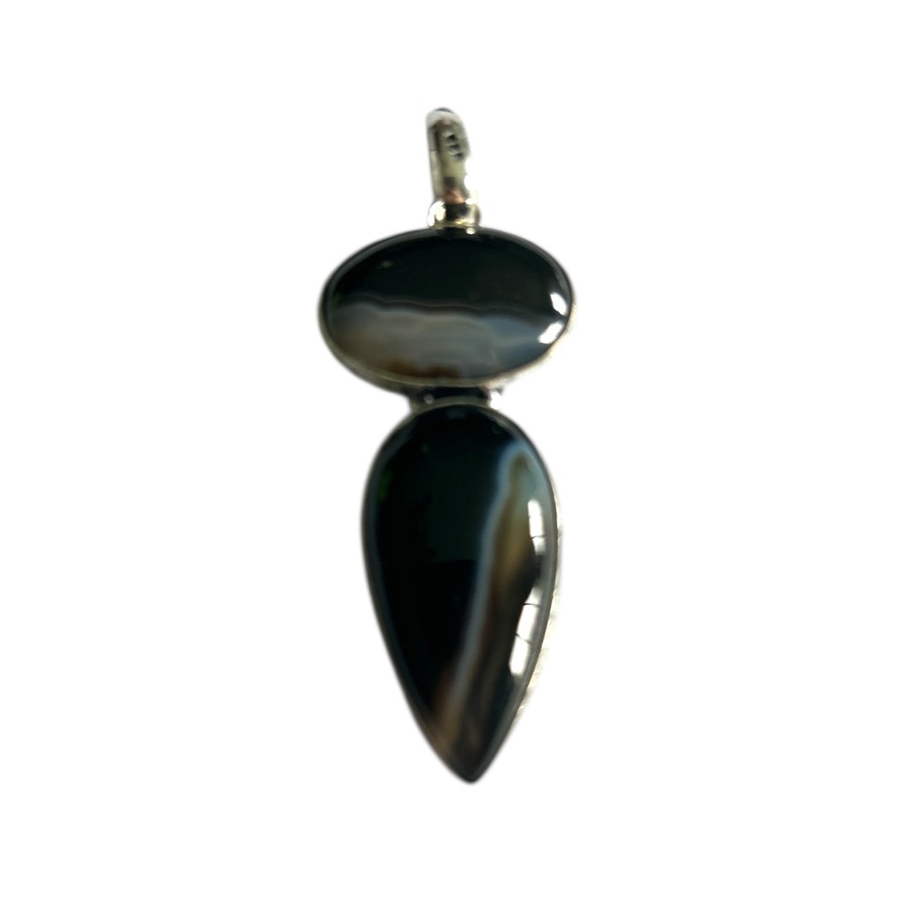 Natural Banded Black Onyx And 925 Sterling Silver Pendant - Picture 1 of 13